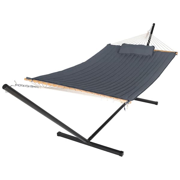 VEIKOUS 2-Person Dark Gray 12 ft. Heavy-Duty Hammock with Stand and Detachable Pillow, 450 lbs. Capacity
