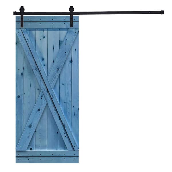 AIOPOP HOME Modern X Style Series 42 in. x 84 in. Royal Navy Blue stained Knotty Pine Wood DIY Sliding Barn Door with Hardware Kit