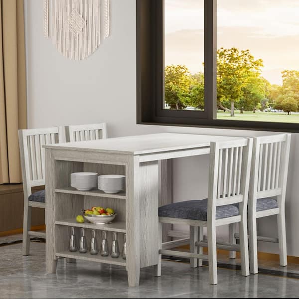 5-Piece Counter Height Dining Set with Storage, Gray Table and 4 Upholstered Chairs Kitchen Table Set for Small Spaces