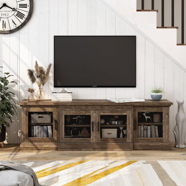 Furniture of America Ziv 69 in. Reclaimed Oak Particle Board TV Stand Fits TVs Up to 78 in. with Storage Doors