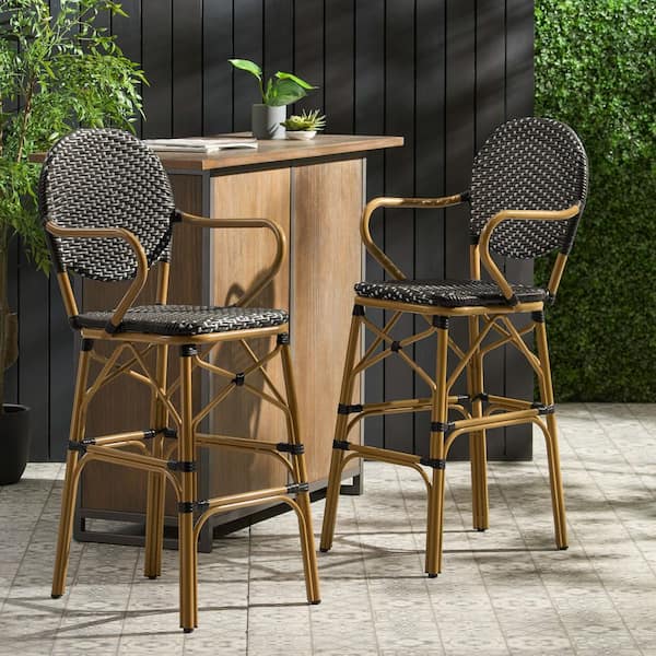 Tenleaf 29.5 in. Black and White French Style Wicker and Aluminum Frame Outdoor Bar Stool (2-Pack)