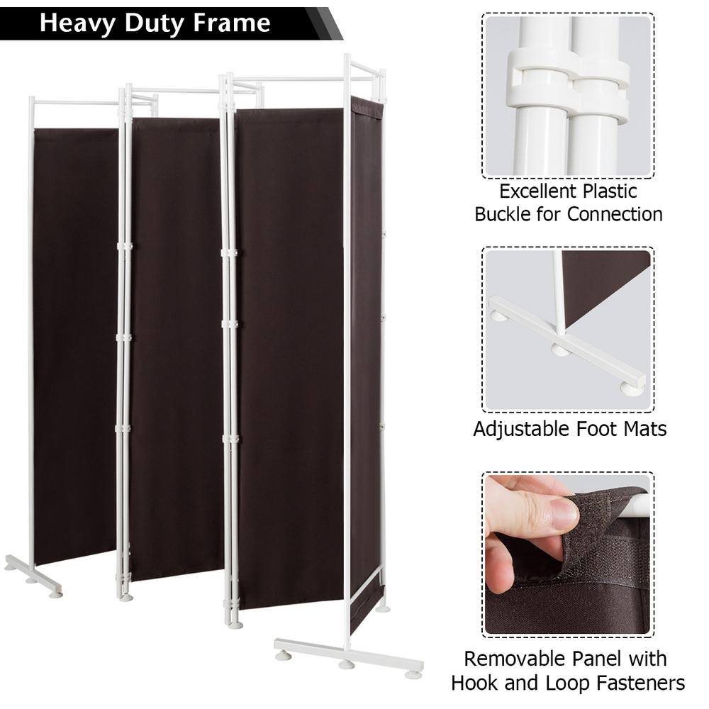 Brown Polyester 6-Panel Folding Room Divider with Steel Frame