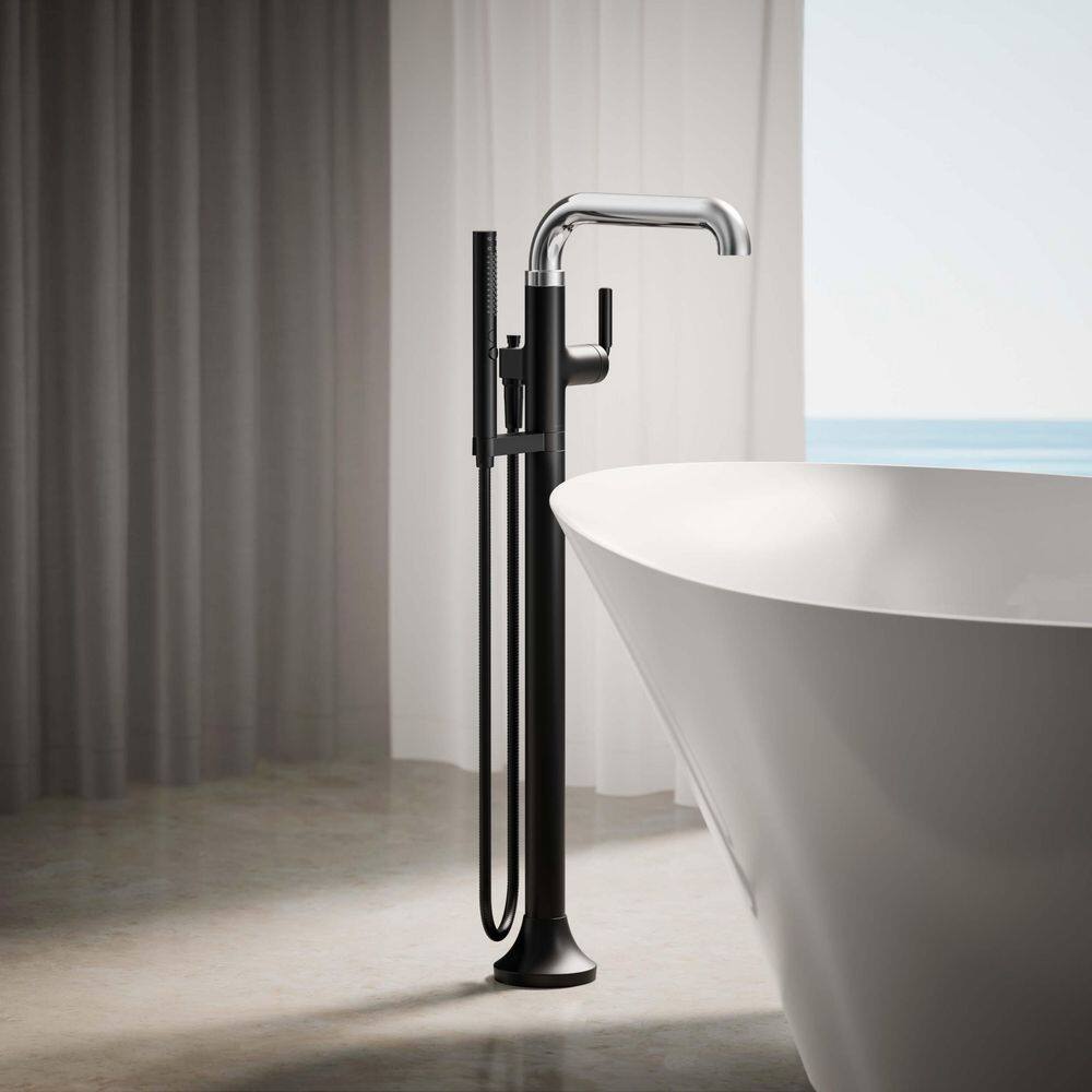 Tone Matte Black and Polished Chrome Freestanding Tub Faucet with Handshower