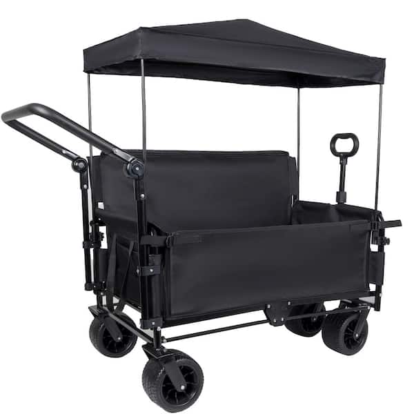 4 cu. ft. 3-in-1 Folding Steel Garden Cart with Bench Seat  Canopy Storage 500lbs Heavy-Duty for Camping Beach, Black
