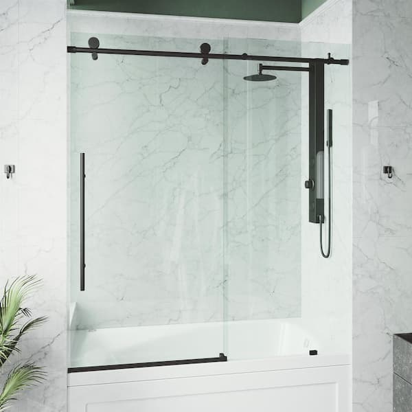 VIGO Elan E-Class 56 to 60 in. W x 66 in. H Sliding Frameless Tub Door in Matte Black with 3/8 in. (10mm) Clear Glass