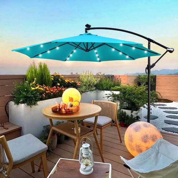 Huluwat 10 ft. Outdoor Steel Patio Market Umbrella in Turquoise with Solar Powered LED Lighted, 8 Ribs, Crank and Cross Base