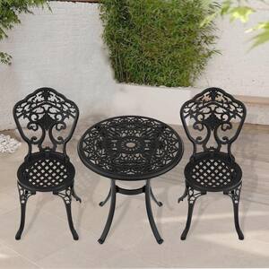 3-Piece Black Cast Aluminum Outdoor Bistro Set, Patio Furniture with 26.77 in. Round Table, 2 Chairs and Umbrella Hole