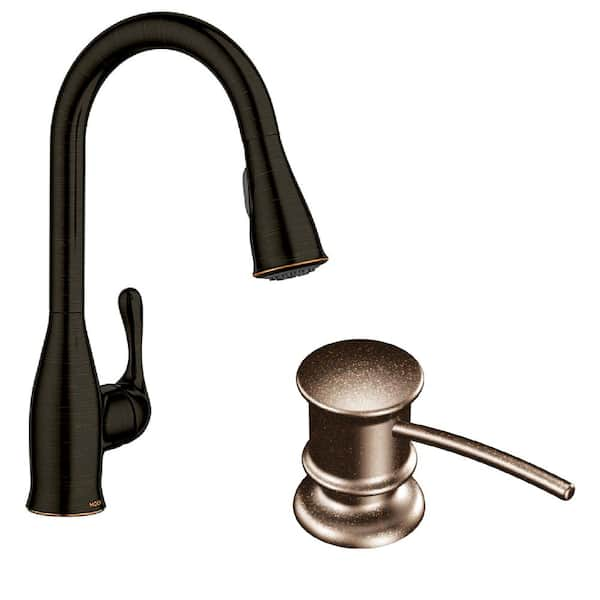 Moen Kaden Single Handle Pull Down Sprayer Kitchen Faucet With Reflex Power Clean And Soap Dispenser In Mediterranean Bronze 87966br Pdsoapd The Home Depot