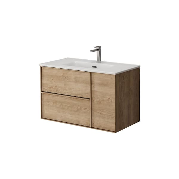 WS Bath Collections Palma 32 in. W x 18.1 in. D x 19.5 in. H Single Sink Wall Mounted Bath Vanity in Natural Oak with White Ceramic Top