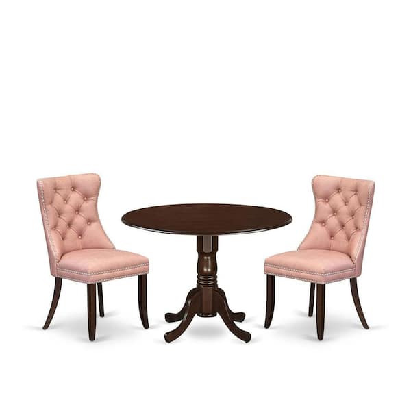 East West Furniture 3-Piece Mahogany Finish Solid Wood Top-Round Upholstered Dining Room Set with Dropleaf-Seats 4