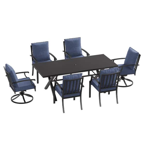 7-Piece Metal Patio Outdoor Dining Set with 2 Swivel Chairs, 4 Chairs, Large Table, Umbrella Hole and Navy Cushions