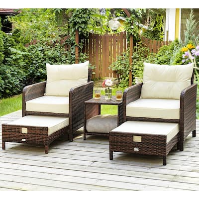 5-Piece Wicker Patio Furniture Set Outdoor Patio Chairs with Ottomans Beige