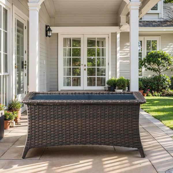 moosprr Brown Rectangle Wicker Outdoor Coffee Table with Black Tempered Glass Top and Ottoman Storage Space