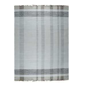 Gray Hand-Knotted Wool Contemporary Flat Modern Plaid Rug 9 ft. x 12 ft. Area Rug