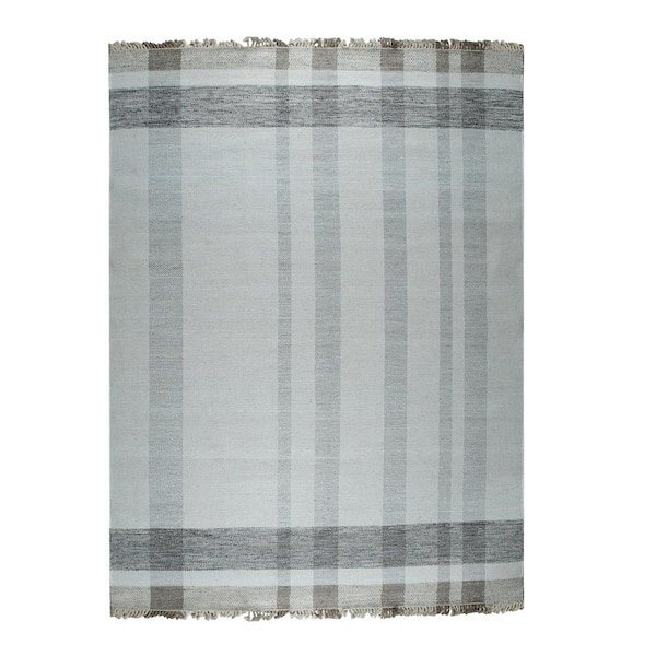 EORC Gray 8 ft. x 10 ft. Hand-Knotted Wool Contemporary Flat Modern Plaid Rug Area Rug