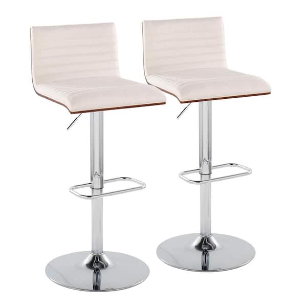 Lumisource Mason 32.75 in. Adjustable Height Cream Fabric and Chrome Metal Bar Stool with Rounded Rectangle Footrest (Set of 2)
