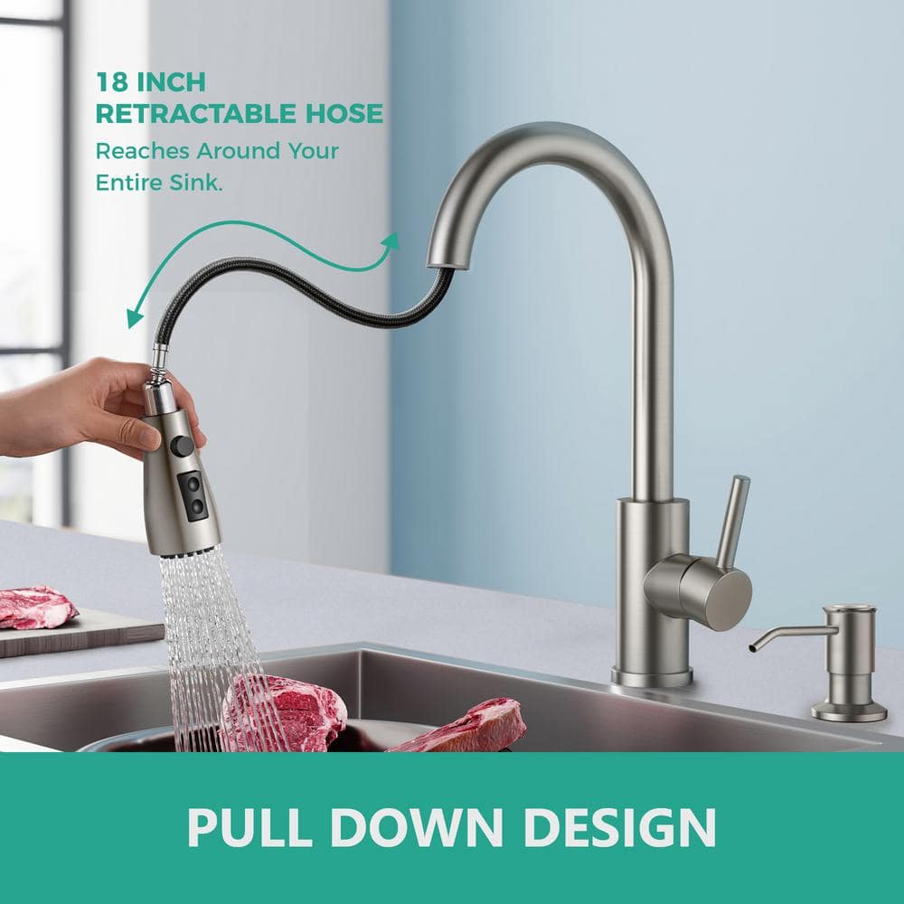 Brushed Nickel Single Handle Pull Down Kitchen Faucet with Soap Dispenser
