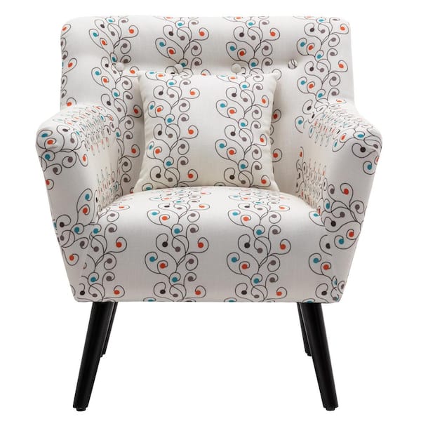 FORCLOVER Beige and Blue Flower Upholstery Accent Armchair with Pillow for Living Room