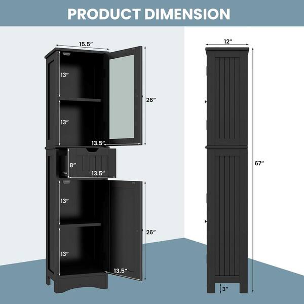 Costway Linen Tower Bathroom Storage Cabinet Tall Slim Side Organizer w/Shelf in Black