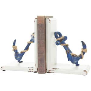 Blue Metal Distressed Anchor Bookends with Rope Accents and White Wood Stands (Set of 2)