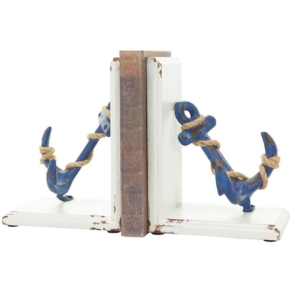 Litton Lane Blue Metal Distressed Anchor Bookends with Rope Accents and White Wood Stands (Set of 2)