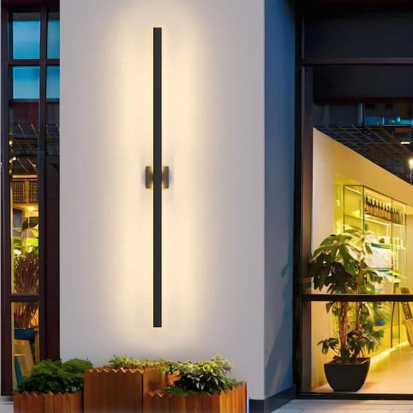 63 in. Black Modern Linear LED Outdoor Wall Lantern Sconce with Frosted Glass Shade