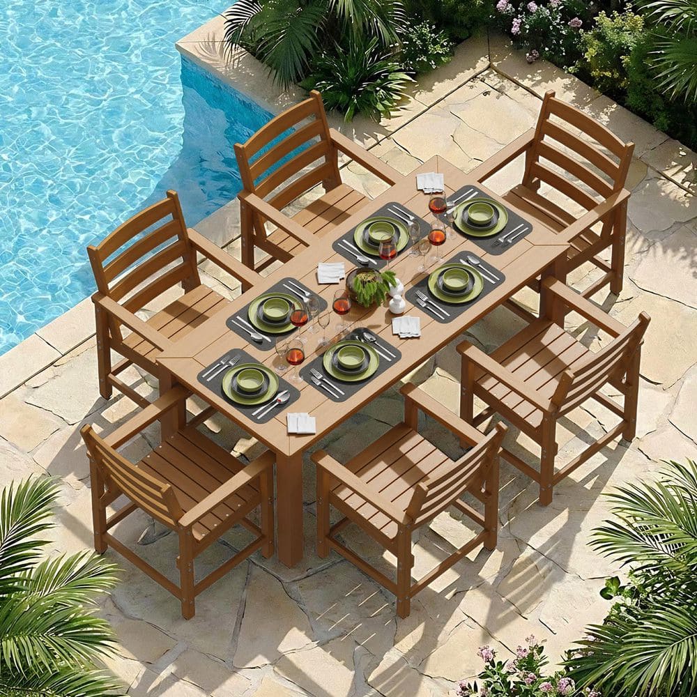 "Brown 7-Piece HDPE Plastic Patio Outdoor Dining Set 6 Armchairs And 69"" Table With 2"" Umbrella Hole" price history on PriceWatchPro