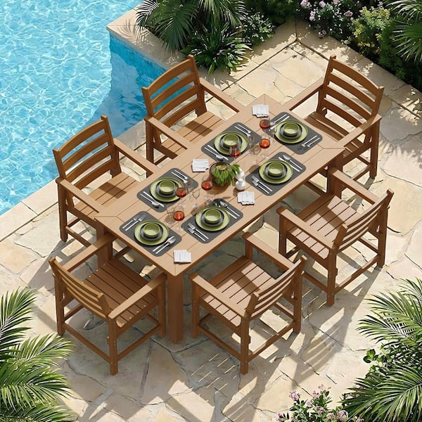 Brown 7-Piece HDPE Plastic Patio Outdoor Dining Set 6 Armchairs And 69 in. Table With 2 in. Umbrella Hole