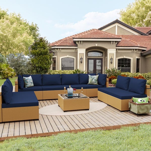 UPHA Yellow 9-Piece Wicker Patio Conversation Sofa Set with Navy Blue Cushions