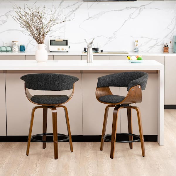 Glitzhome Seat Height 24.25 in. Modern Heathered Black Wood Fabric Swivel Counter Stool with Walnut Bentwood Base (Set of 2)