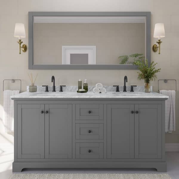 Wyndham Collection Avery 72 in. W x 22 in. D x 35 in. H Double Bath Vanity in Dark Gray with White Carrara Marble Top