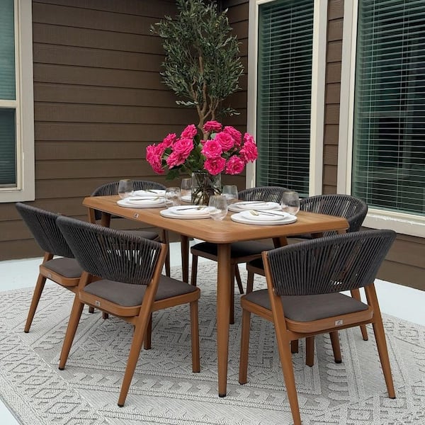 PURPLE LEAF 7-Piece Aluminum Wicker Dining Table and Armchairs Patio Outdoor Dining Set Teak Furniture Set with Cushions, Grey