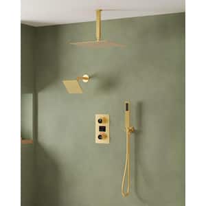 3-spray Dual Shower Head and Handheld Shower Head with Temperature Display in Brushed Gold(Valve Included)