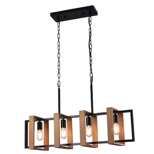 OUKANING 33.07 in. 4-Light Black Retro Farmhouse Island Chandelier with Wood Shades
