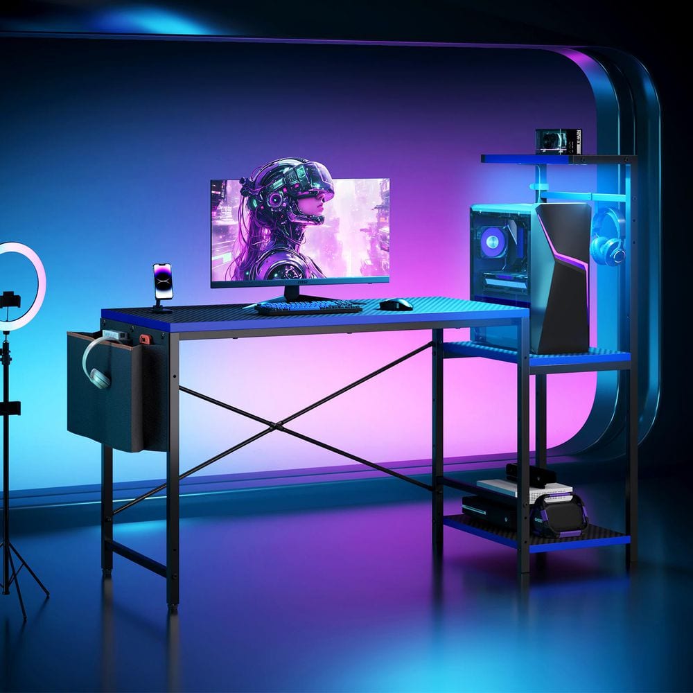 51.2 in. W Carbon Fiber Black and Blue Edge Reversible Gaming Desk with LED Lights, Storage Shelves and Headphone Hook