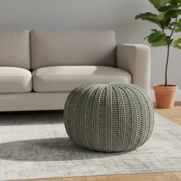 HomeRoots 20 in. Green Cotton Cable Knit Round Pouf Ottoman
