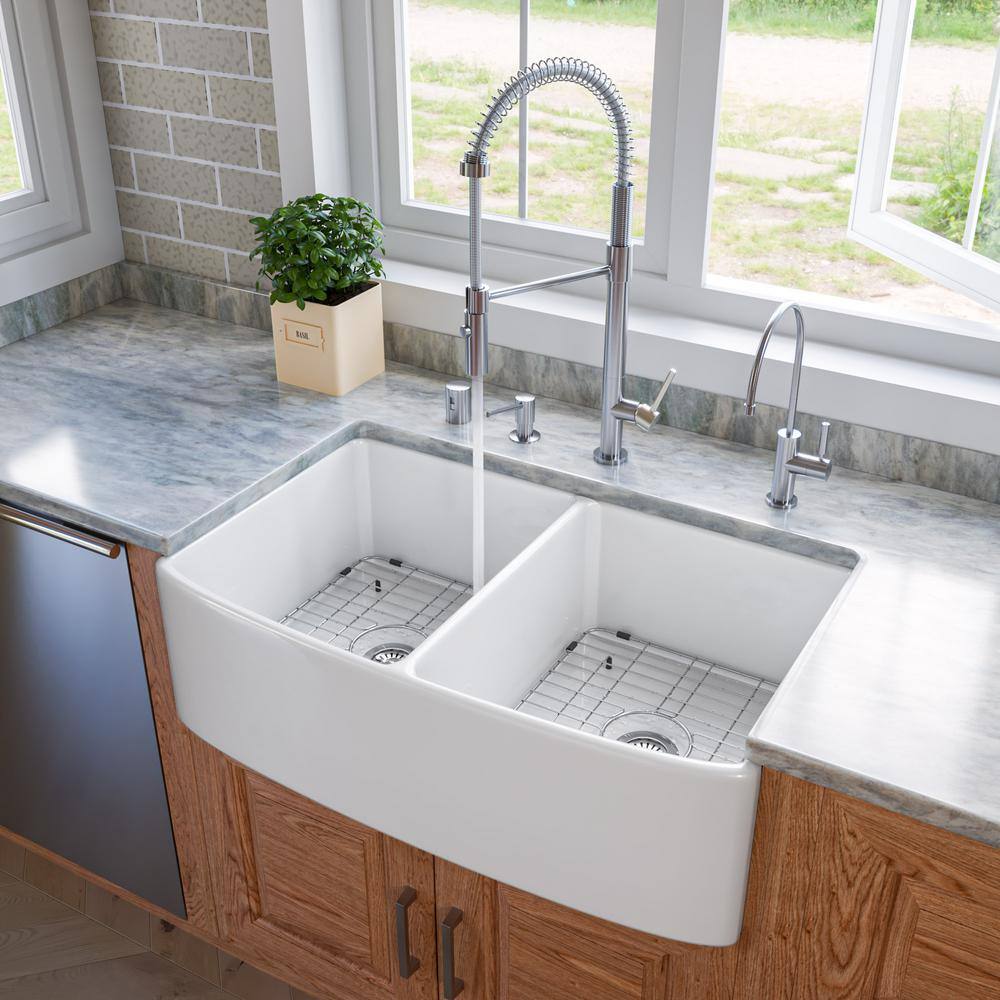 White Fireclay Double Bowl Farmhouse Kitchen Sink
