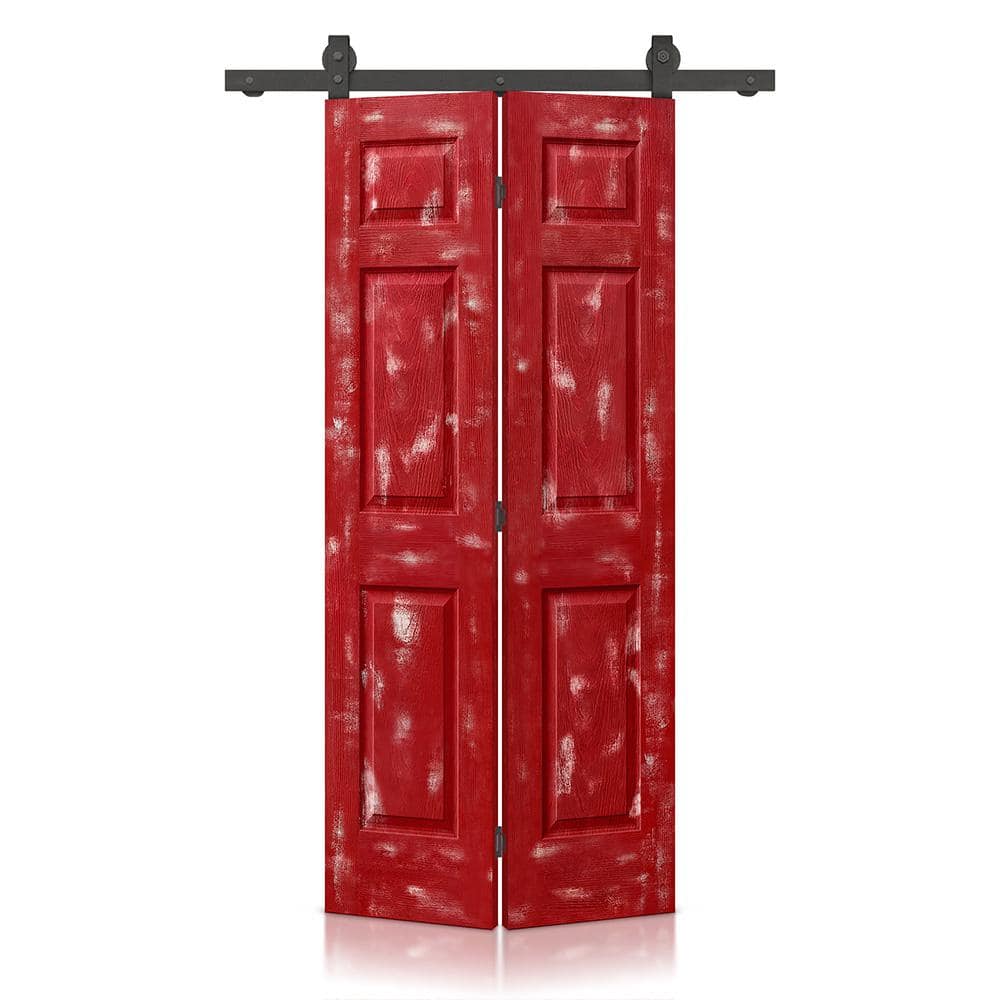 24 in. x 84 in. Hollow Core Vintage Red Stain 6 Panel MDF Composite Bi-Fold Barn Door with Sliding Hardware Kit price history on PriceWatchPro