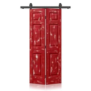 24 in. x 84 in. Hollow Core Vintage Red Stain 6 Panel MDF Composite Bi-Fold Barn Door with Sliding Hardware Kit