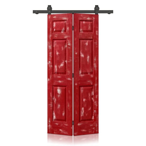 CALHOME 30 in. x 84 in. Hollow Core Vintage Red Stain 6 Panel MDF Composite Bi-Fold Barn Door with Sliding Hardware Kit