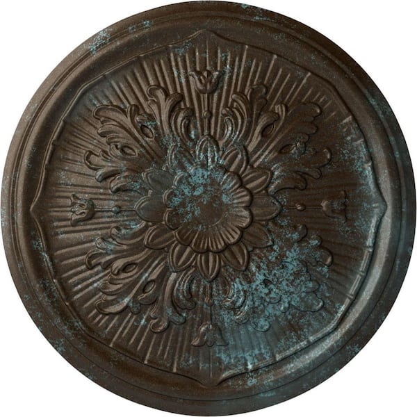 Ekena Millwork 15-3/4" x 5/8" Lupton Urethane Ceiling Medallion (Fits Canopies upto 1-1/8"), Hand-Painted Bronze Blue Patina