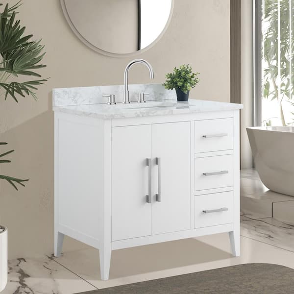 36 in. W x 22 in. D x 34 in. H Single Sink Bathroom Vanity Cabinet in White with Engineered Marble Top in White
