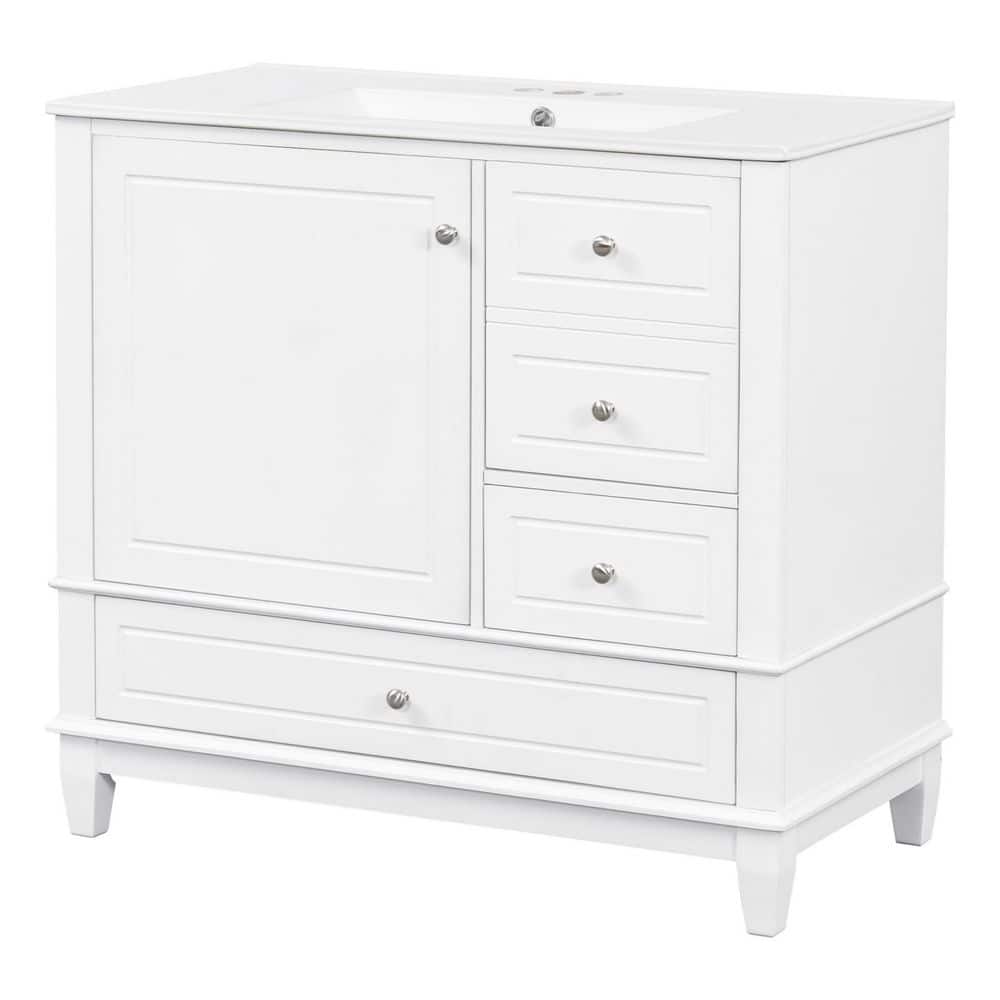 36 in. Single Sink Solid Wood Frame Freestanding White Bath Vanity with White Ceramic Top, Unassembled, Soft Close