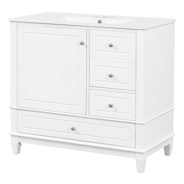 36 in. Single Sink Solid Wood Frame Freestanding White Bath Vanity with White Ceramic Top, Unassembled, Soft Close