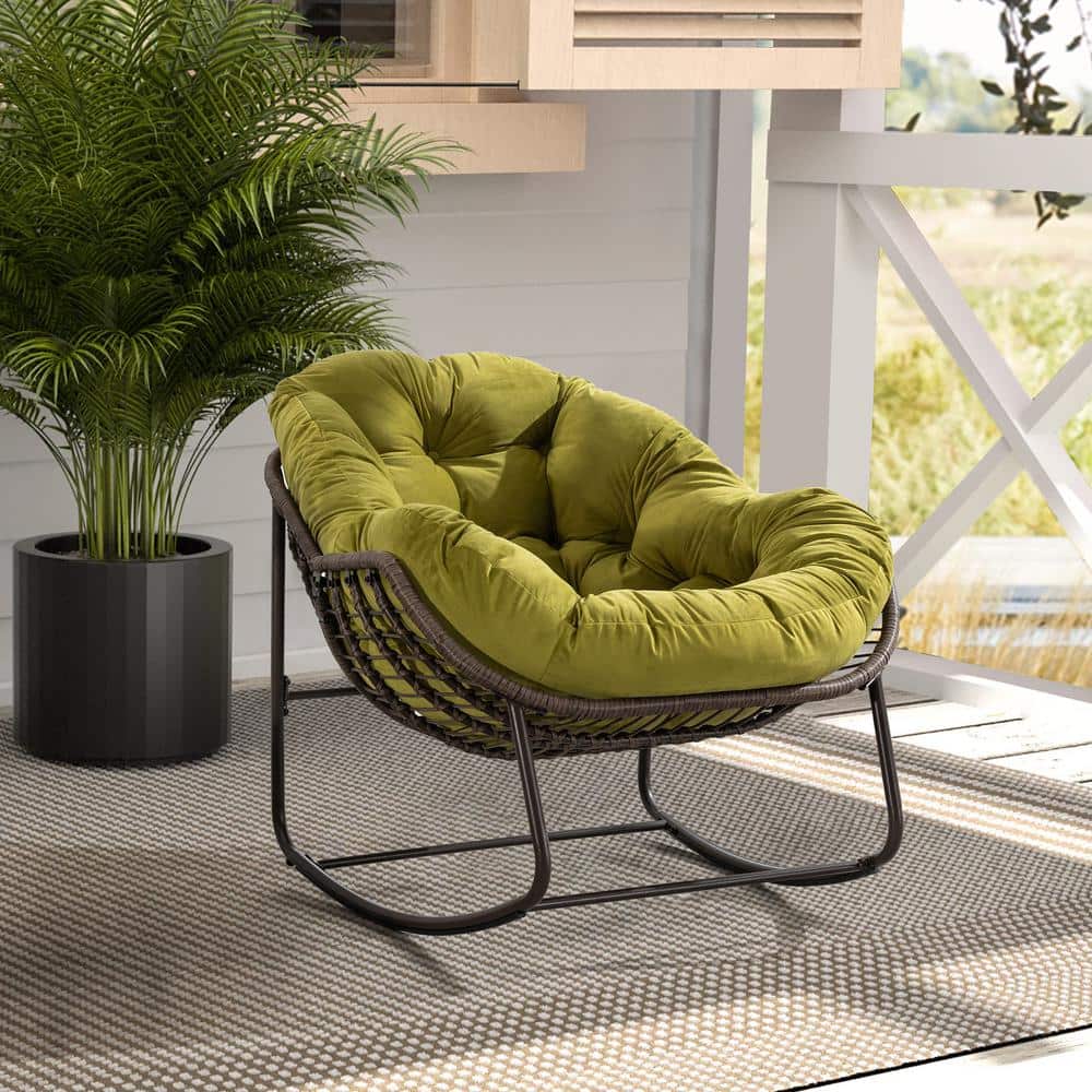 Oversized Wicker and Steel Frame Outdoor Rocking Chair with Padded Olive Green Cushion