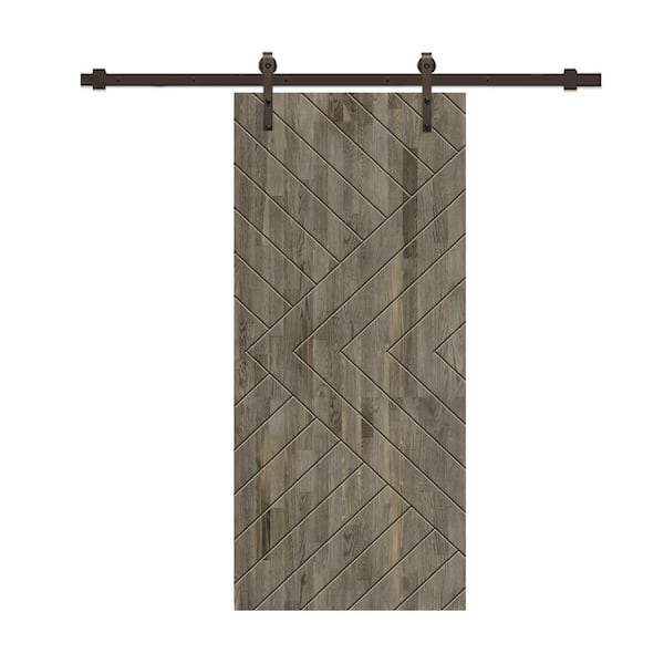 CALHOME Chevron Arrow 24 in. x 80 in. Fully Assembled Weather Gray Stained Wood Modern Sliding Barn Door with Hardware Kit