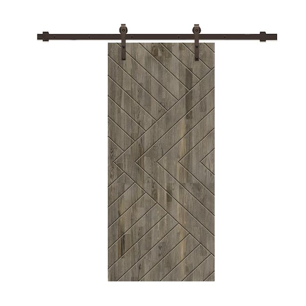 CALHOME Chevron Arrow 30 in. x 80 in. Fully Assembled Weather Gray Stained Wood Modern Sliding Barn Door with Hardware Kit