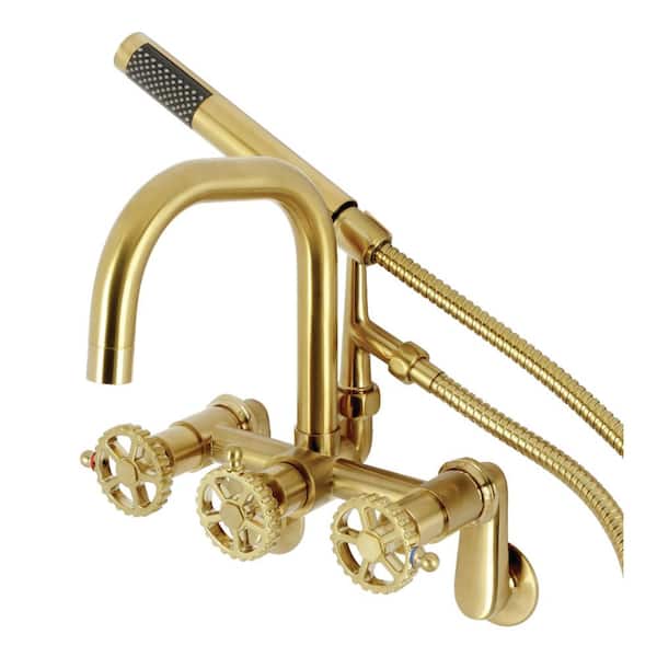 Kingston Brass Fuller 3-Handle Wall-Mount Clawfoot Tub Faucet with Hand Shower in Brushed Brass
