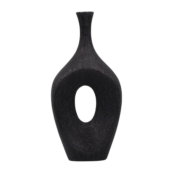 19 in. Black Ceramic Beaded Open Cut Oval Decorative Vase