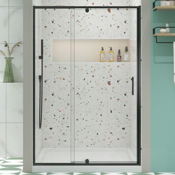 waterpar 44 in. to 48 in. W x 71 in. H Framed Pivot Shower Door in Black with Clear Glass